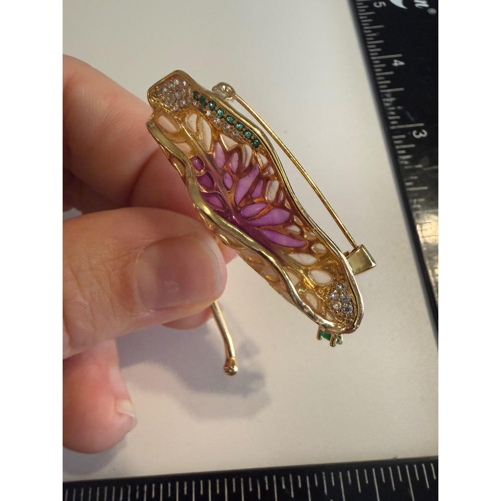 Vintage Art Nouveau Style Plique-a-Jour Enamel Gold Tone Ginkgo Leaf Brooch Pin